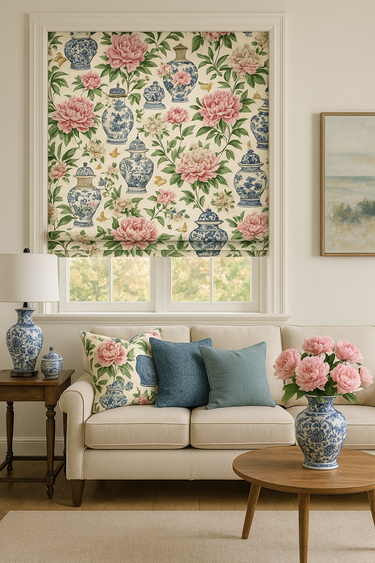 Living room with floral patterned roman blind, sofa, and decorative items.